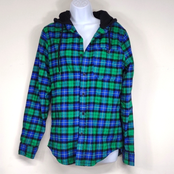 Rue21 Tops - Rue 21 Size Small Green & blue hooded button down flannel shirt